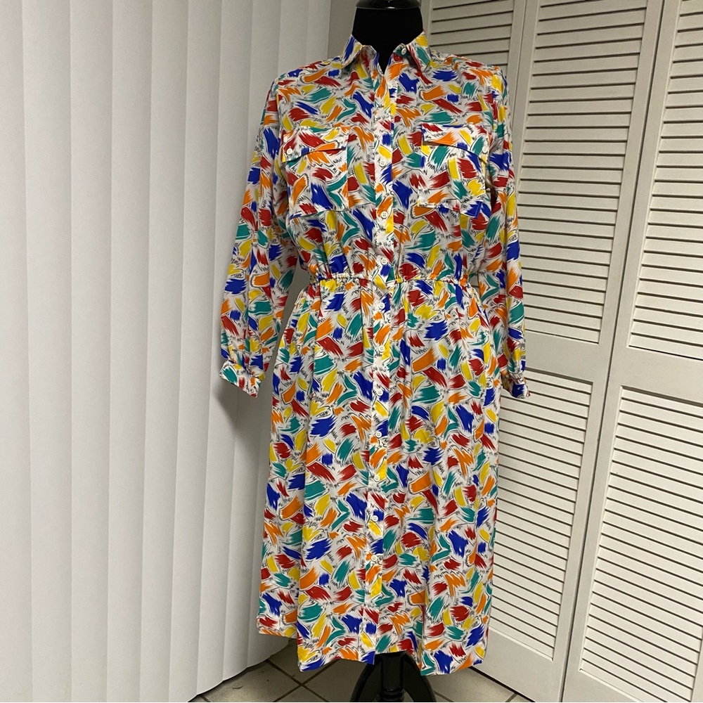 Vintage Katie Lewis Multi Color Collared Button-Up Dress With Pockets Size 16